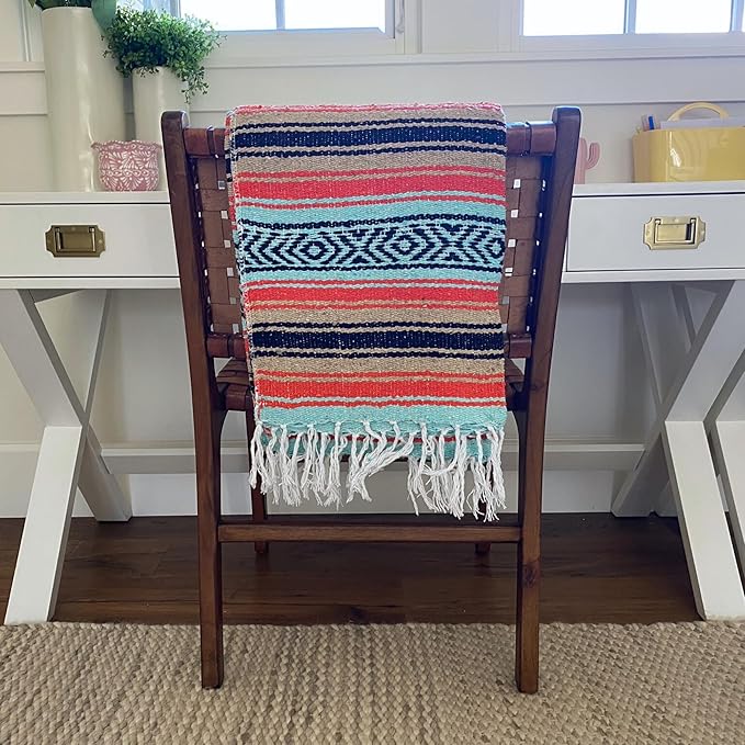 Del Mex Classic Mexican Blanket Large Authentic Woven Falsa Throw (70x50) Artisan Southwest Décor for Beach Yoga Outdoors (Mint/Tan/Orange)