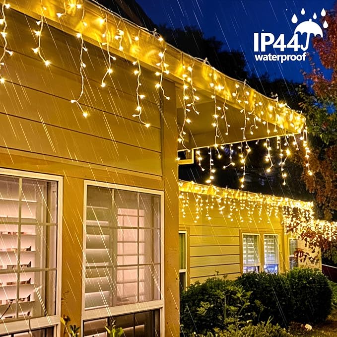 QITONG Warm White Icicle Lights for Outside 66ft 800 LED String Lights Indoor with 8 Modes Clear Wire Connectable Icicle Christmas Light Plug in