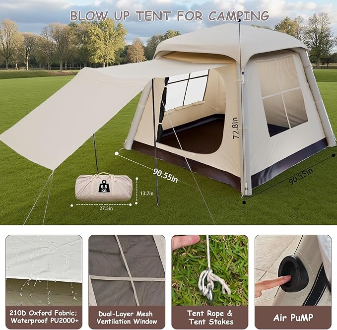 Automatic Inflatable Camping TentEasy Set up 4-6 Person Glamping Outdoor Air Blow Up Tents Quick Setup Air Tent with a Built-in air PumpSuitable for use Throughout The Four Seasons