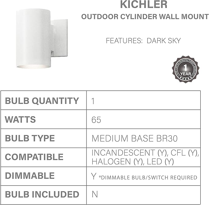 Kichler 9234WH Outdoor Cylinder Wall Mount Sconce 7 in (Height) White