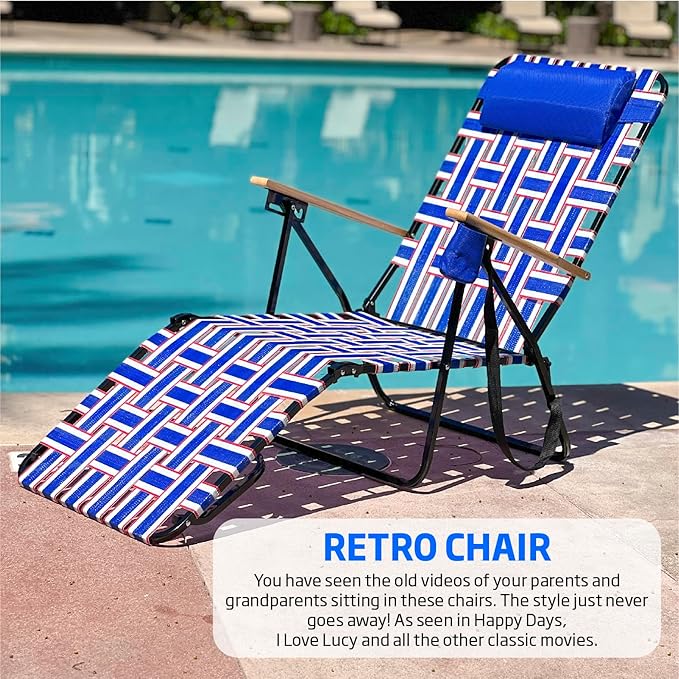 Webbing Patio Lounger Steel Chaise Lawn Chair Foldable Outdoor Great for Patio Camping Backyard Pool Wood Handles 1 Pack Red White Blue