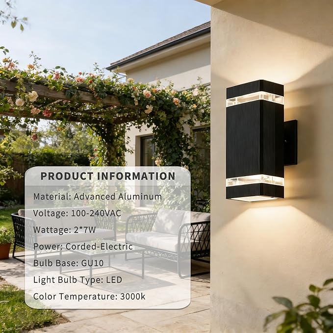 Square Outdoor Wall Lights Up and Down LED Porch Lights Aluminum Exterior Lighting Fixtures with 2 * 7W Bulbs 3000K Waterproof Outdoor Sconces Wall Lighting for House Porch Garage Patio Black