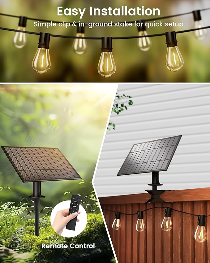 Torkase Outdoor Solar String Lights 30FT Waterproof S14 LED Patio Lights with 13 Shatterproof Bulbs USB Rechargeable 2200K Warm White Energy-Saving Hanging for Garden Porch Bistro Camping
