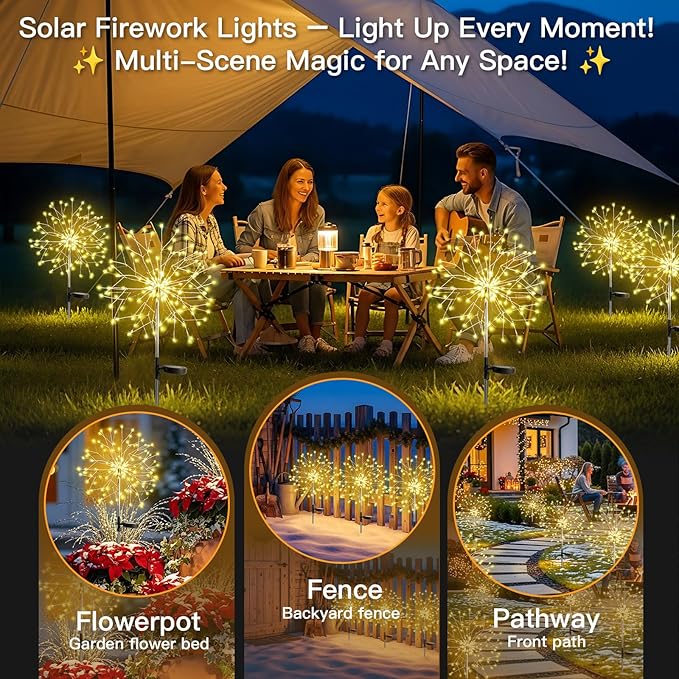 suddus Solar Garden Lights Outdoor Waterproof Decorative Upgrade 2Pack 150LED Firework Lights Solar Fairy Lights for Yard Garden Party Patio Pathway Flowerbed - Warm White