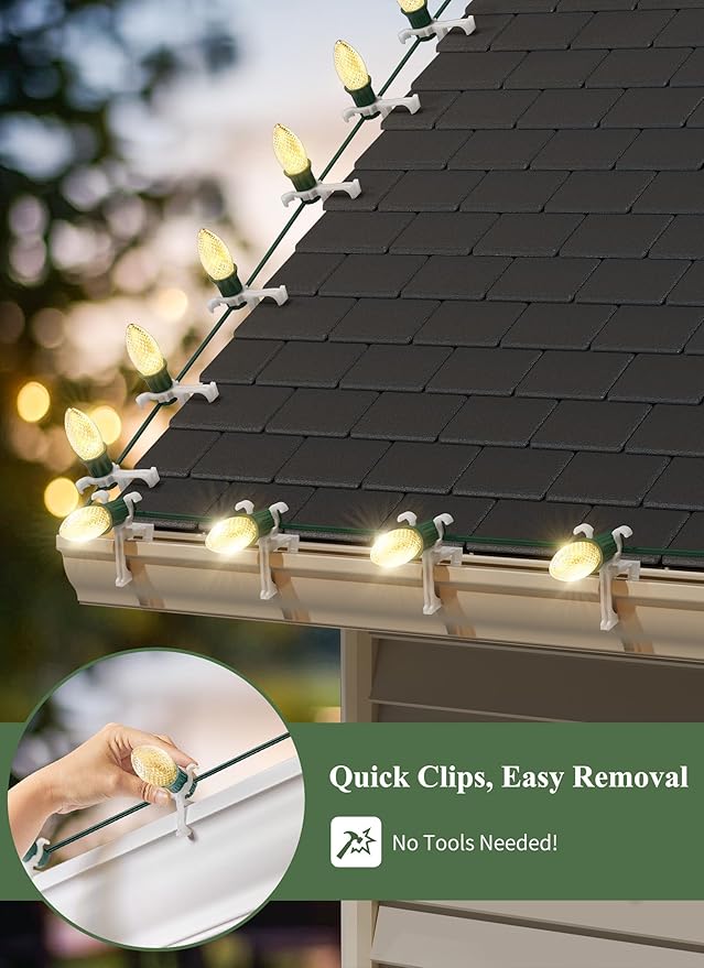 Minetom 100 Pack All-in-One Christmas Light Clip for C7 C9 Christmas String Lights Christmas Light Plastic Clips for Roof and Gutter Shingle Clips Outdoor