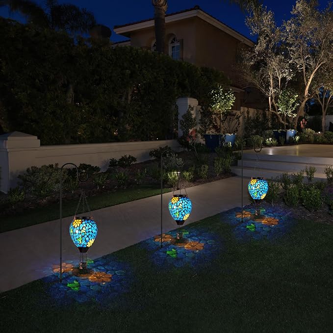 Hummingbird Solar Hot Air Balloon Lantern with Flame Blue Hanging Mosaic Solar Lantern Outdoor Waterproof Outdoor Solar Lights for Yard Gardening Gift for Mom Grandma Women