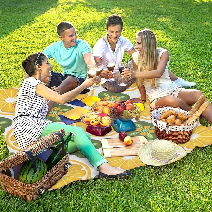 Waterproof Sandproof Beach Blanket 59''×68'' Citrus Slices Polyester Outdoor Picnic Blanket with 4 Stakes &amp Storage Bag for BeachCampingVacation White