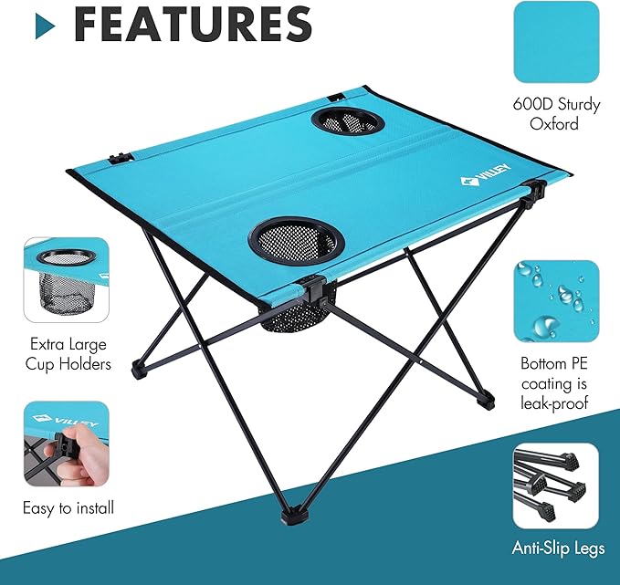 VILLEY Folding Camping Table Lightweight Portable Beach Table with 2 Cup Holders &amp Carry Bag for Camping Beach Fishing Travel and Outdoor Activities (Small)