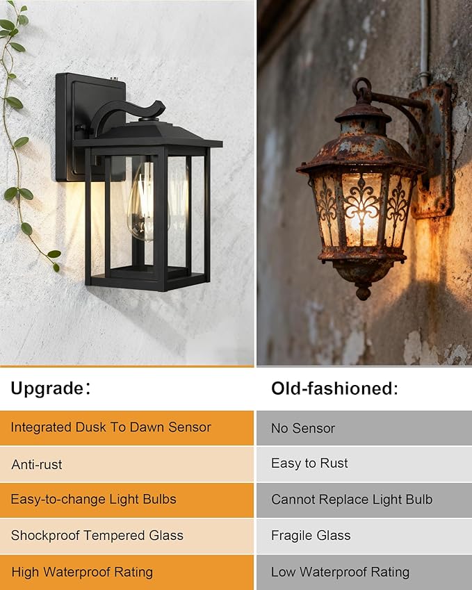 LTBLIGHT Dusk to Dawn Outdoor Lighting Modern Black Waterproof Exterior Wall Sconce Sensor Front Porch Lights with E26 Base for House Garage Patio Front Door 120V