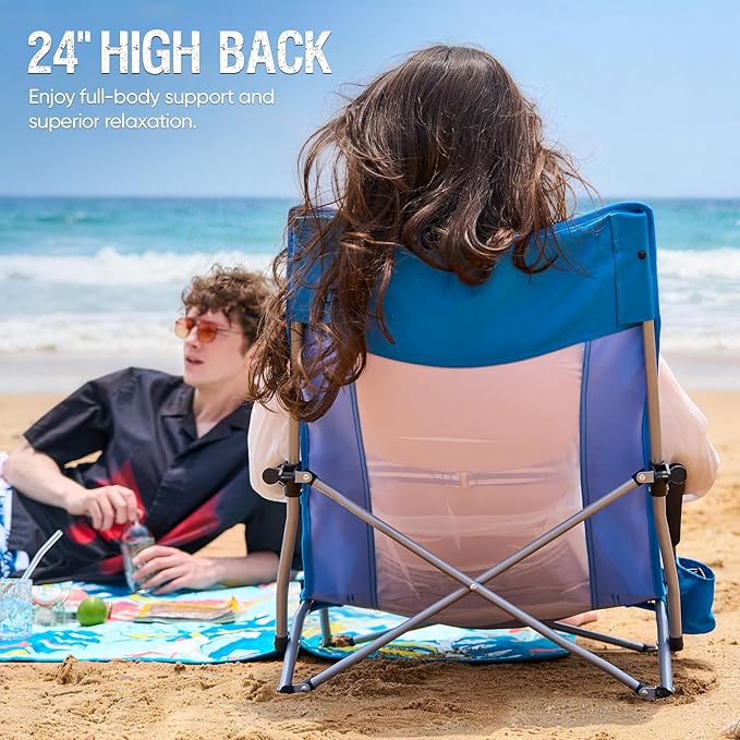 Old Bahama Bay Folding Beach Chair 2 Pack Beach Chairs for Adults Low Beach Camping Chair with Cup Holder Mesh Back for Outdoor Fishing Sand Lawn Supports up to 350lbs
