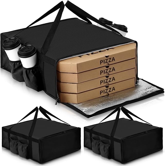 LemonRoad 3 Pcs Pizza Delivery Bag with 4 Cup Holder Insulated Food Grocery Bag 20 x 20 x 8 Pizza Warmer Bags for Carry Hot Catering Delivery Driver Essentials (Black)