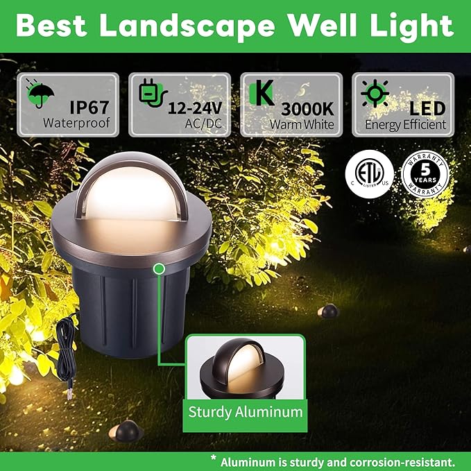 Low Voltage 3000K Ground Well Lights 8 Pack 6W 420LM LED 12V In-Ground Landscape Lights IP67 Waterproof Aluminum Oil-Rubbed Bronze Single-Side Lighting for Backyard Wall