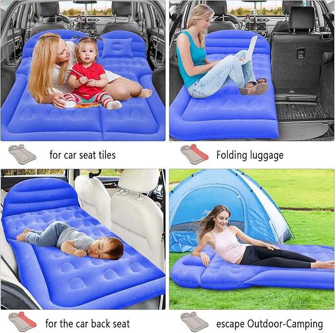 ISWEES Car Bed SUV Air Mattress Car Air Mattress with Home Power Adapter Electric Pump 2 Inflatable Pillows and 2 Footrests for Back Seat Side SeatTrunk Sleeping Thickened Camping Bed - Blue
