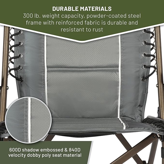 Timber Ridge Bungee Folding Camping Chairs for Adults Heavy Duty Collapsible Padded Chair with Armrests Cup Holder Foldable Outdoor Lounge Chairs for Beach Fishing Lawn Supports 300 lbs Grey