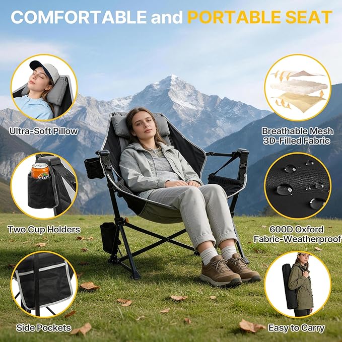 ZENPETIO Hammock Camping Chair with Footrest Swinging Portable Folding Camp Chairs for Adults 500lbs Heavy Duty Outdoor Rocking Chair Foldable Oversized Rocker with Cup Holder Pillow for Patio Beach