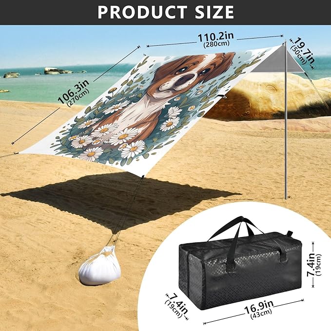 ALAZA Daisy Dog Cartoon Beach Tent Sun Shelter UPF50+ Protection Beach Shade Canopy w/ 4 Sandbags for Outdoor Camping Fishing Backyard Fun Picnic 10x9 ft