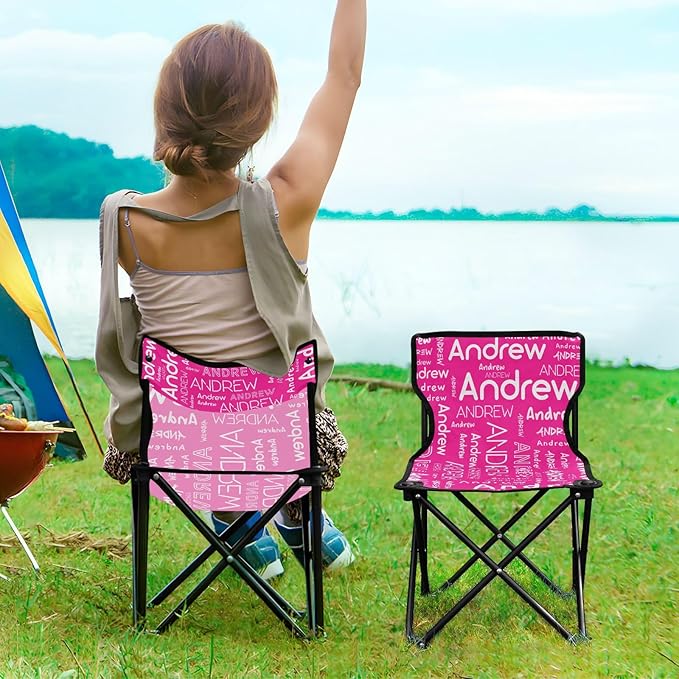 Sinestour Deep Pink Custom Folding Camping Chair for Teen Child Personalized Name 14.6×14.6in Portable Outdoor Chair with Carry Bag for Barbeques Picnic Travel