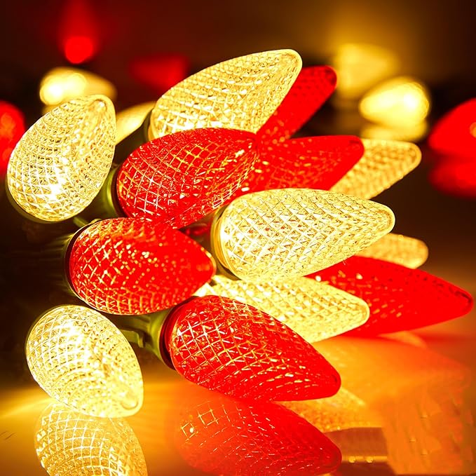 C9 LED Christmas String Lights 66 ft 100 LED Strawberry Roof Lights Commercial Grade Waterproof Extendable for Indoor Outdoor Roofline Home Xmas Decor Red and Warm White