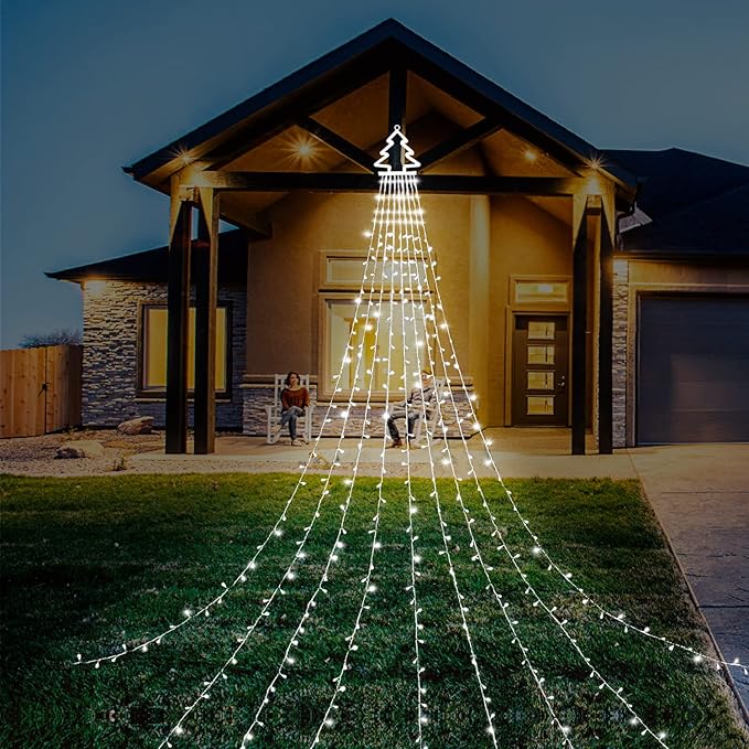 PUHONG Christmas Decoration Outdoor Christmas Tree Lights 320 LED 16.4Ft Outdoor Fairy Topper Lights[8 Modes &amp Waterproof] with 11 Lighted Xmas Tree for Halloween Xmas New Year Holiday(White)