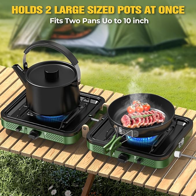 2 Burner Camping Stove 20000 BTU Propane Camp Stove Portable Folding Gas Travel Stove Camping Essentials Gears Includes GrillCarrying Bag Adjustable Burners &amp Piezo Ignition for TailgatingBBQ