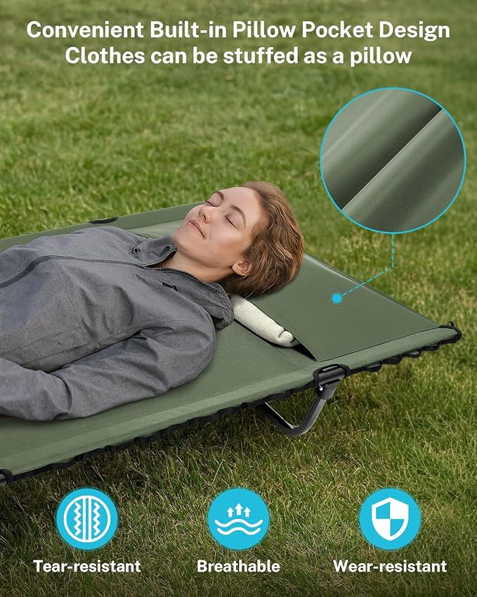 Gonex 31.5 Extra Wide Camping Cot with Premium Pillow Pocket Supports 350lbs Portable Ultralight Folding Cot Bed for Adults Travel Beach Home Sleeping (Army Green)