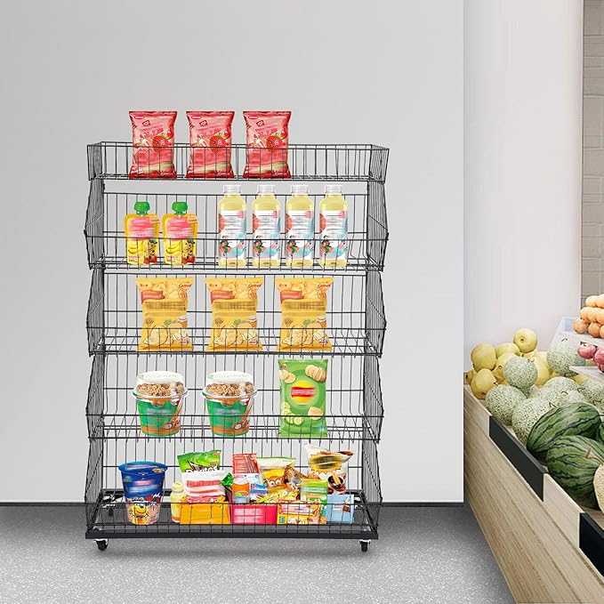 5-Shelf Retail Display Wire Shelving with Wheels and Hook Heavy-duty Metal Snack Display Organizer Retail Shelf for Supermarket Grocery Store Home Kitchen
