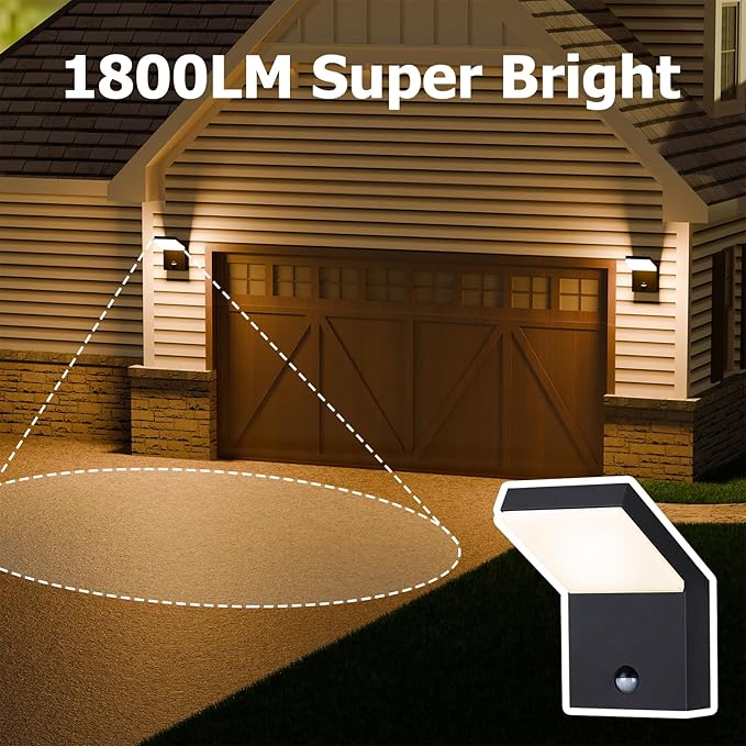 Outdoor Motion Sensor Wall Light Fixture Black LED Porch Light Exterior Wall Mount Sconce IP54 Waterproof for House Garage Front Door Patio3000K 18W 1800Lumen