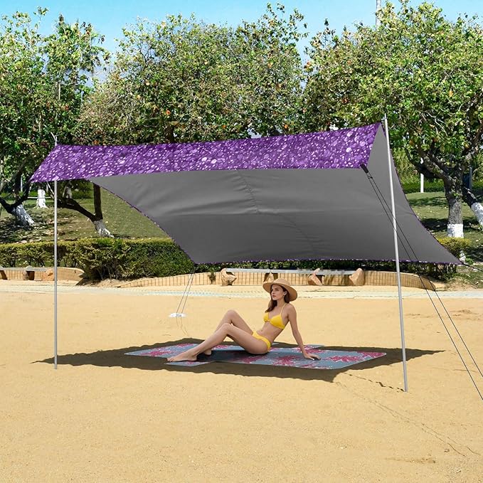 Purple Glitter Texture Beach Tent Sun Shelter 9.2' x 10.5' Beach Canopy with 4 Sandbags 4 Stability Poles Sand Shovels - Tent Canopy for Beach Camping Fishing Picnics