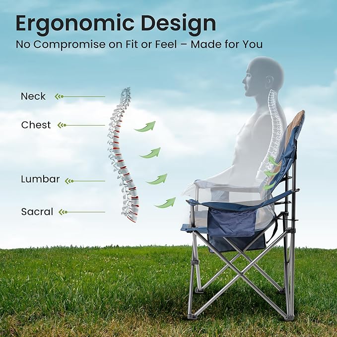Oversized Camping Chair Heavy Duty- Portable Folding Chair Cup Holder &amp Waterproof Phone Case for Adults Beach Hiking Backyard (Blue &amp Brown 2 PCS)