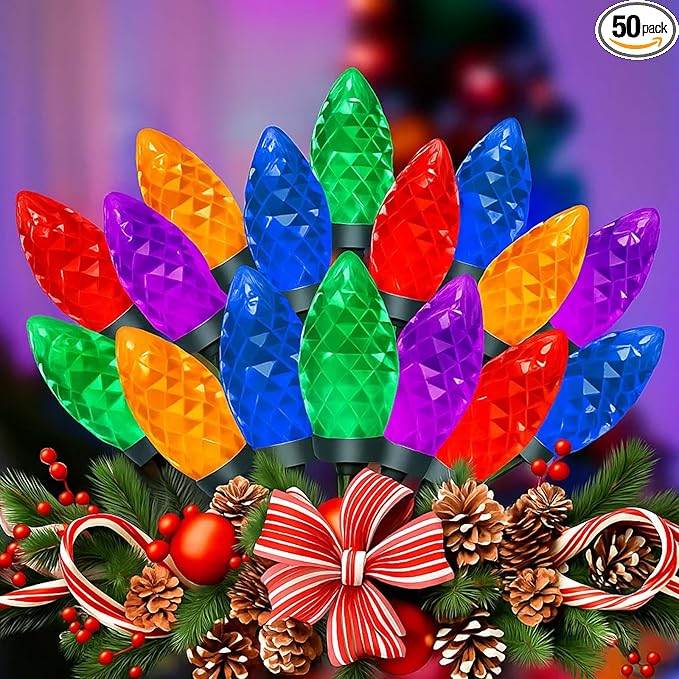 50 Count C9 Christmas Lights Outdoor 26FT Diamond-Cut Multicolor LED String Lights Connectable Green Wire Vintage Christmas Lights for House Roofline Trees Garden &amp Christmas Outdoor Decorati