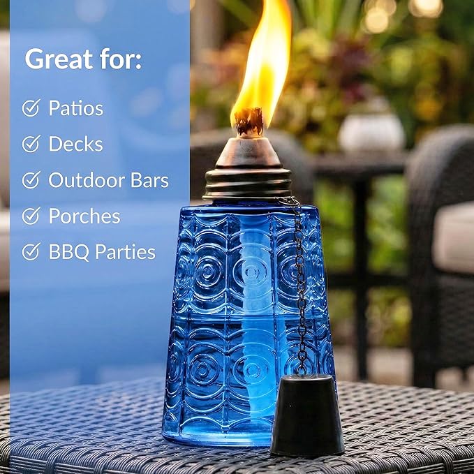 Seraphic Citronella Table Top Torches for Outdoor Patio 16oz Decorative Glass Torch Citronella Candles for Outside Deck Garden Parties Set of 3 Cobalt Blue