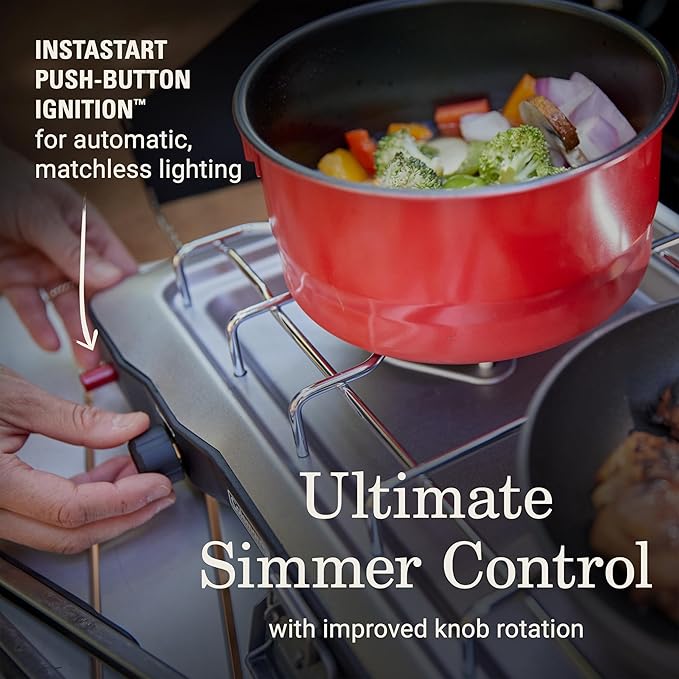 Coleman Triton+ 2-Burner Propane Camping Stove with InstaStart Ignition Portable Camping Cooktop with 2 Adjustable Burners &amp Wind Guards 22000 BTUs of Power for Camping Tailgating Grilling