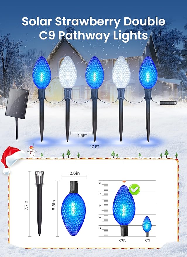 Minetom Solar Double C9 Strawberry Christmas Pathway Lights Outdoor -16FT 10 LED C9 Christma Lights with Timer8 ModesSolar Christmas Outdoor Decorations for Lawn Outside Walkway Blue White