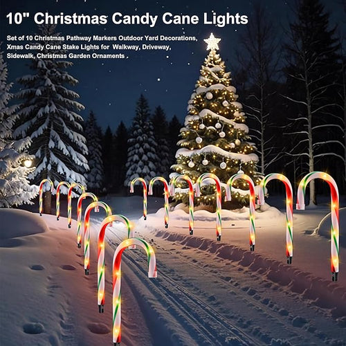 10 Christmas Candy Cane Lights - Set of 10 Pathway Markers Christmas Outdoor Yard Decorations Xmas Candy Canes Stake Lights for Lawn Walkway Garden Xmas Party Indoor Ornaments