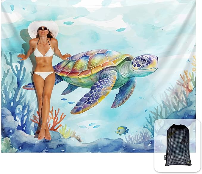 Sunlit Silky Soft 81x106 Sand Proof Beach Blanket Sand Proof Mat with Corner Pockets and Fashion Mesh Bag for Beach Party Travel Camping and Outdoor Music Festival Vibrant Turtle and Coral