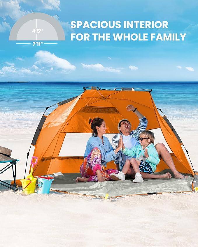 OutdoorMaster Beach Tent Sun Shelter for 3-4 Person Pop Up Beach Tent Easy Setup with Sandbags Portable Sun Shade Canopy with Carrying Bag for Beach &amp Outdoor UPF50+ UV Protection Family Size