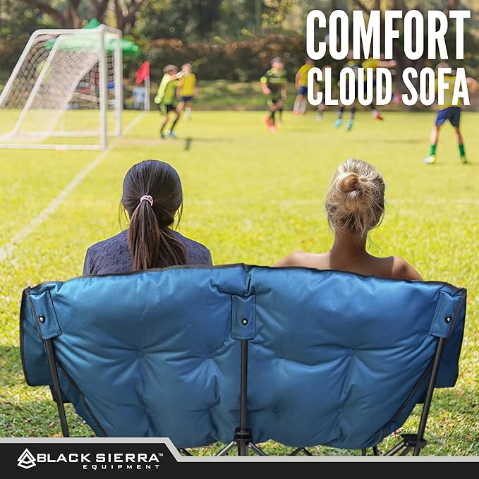 Black Sierra Double Camping Chair for Adults Oversized Folding Loveseat Supports 600 lbs Plush Padded Outdoor Couch with Cup Holders and Carry Bag for Beach Patio RV or Tailgating Events