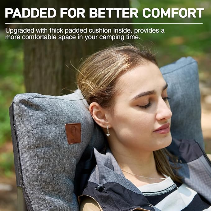EVER ADVANCED Padded Oversized Folding Camping Chair for Adults Heavy Duty Lawn Chair with Side Pockets Portable Collapsible Quad Chair for Outside Support Up to 500lbs Grey