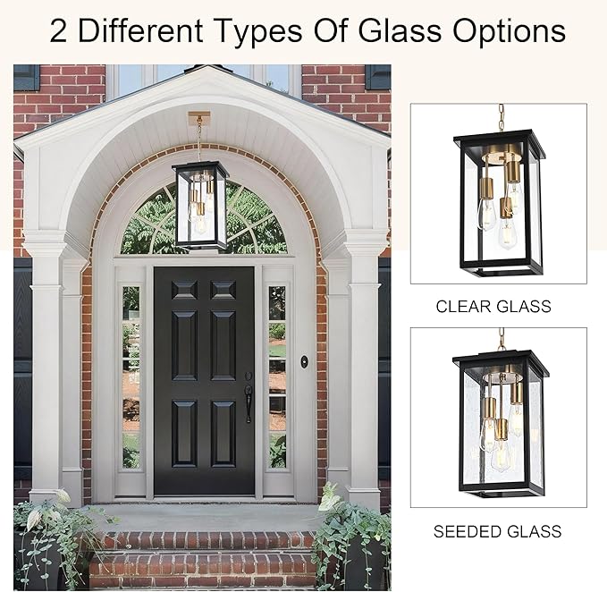 TODOLUZ 3-Lights Large Outdoor Pendant Light Waterproof Exterior Height Adjustable Hanging Lighting with Seeded Glass Panel &amp E26 Bulb Base Modern Porch Ceiling Lamp for Porch Patio Garden