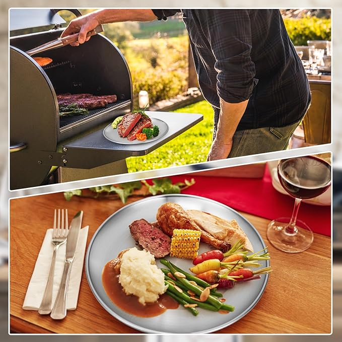 Metal Dinner Plate 4 Pack 10.2 inch 304(18/8) Stainless Steel Plates Reusable lunch salad Pizza BBQ Food Serving Snack Eating Dishes Round Shatterproof Plate Silver Dinnerware Oven Safe