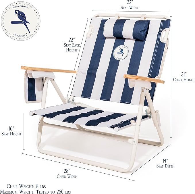 Business &amp Pleasure Co. Margaritaville Manana Backpack Beach Chair Lay Flat Reclining Lightweight &amp Portable Insulated Cooler Pocket Continental Drifter Stripe
