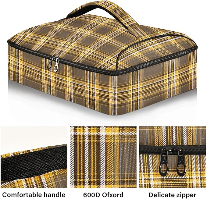 Casserole Carrier Yellow Brown Tartan Pattern Insulated Casserole Carrier for Hot or Cold Food Thermal Lunch Tote for Parties Picnic Travel Carry Bag