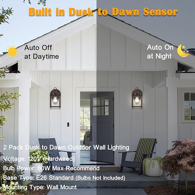 Dusk to Dawn Outdoor Wall Lantern Modern Exterior Light Fixtures Wall Mount Waterproof Front Door Wall Lighting with Clear Glass Bronze Outdoor Wall Lights for House Garage 4-Pack