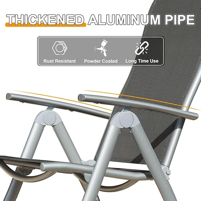 Patio Folding Chairs Set of 2 Aluminium Frame Outdoor Reclining Patio Chairs for Garden Camping Poolside Beach Deck Adjustable High Back Lawn Chairs with Textilene Fabric Seat Dark Gray