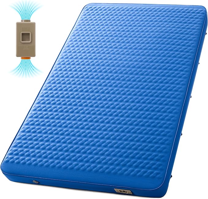 Self Inflating Double Sleeping Pad for Camping with Electric Pump 4 Inch Ultra Thick Memory Foam 2 Person Inflatable Sleeping Pad All Season Full Size Portable Camping Mattress for Travel Tent (Blue)