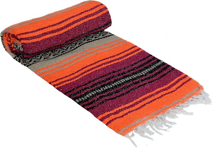 La Montana Mexican Blankets and Throws 4 Pack 74x50 - Made in Mexico Lightweight Yoga Blanket for Schools Studios Outdoors Camping Picnic Decor - Machine Washable Hot Pink/Orange/Tan