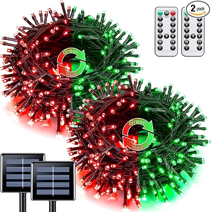 JMEXSUSS 2 Pack Solar String Lights Outdoor Waterproof Total 66 FT 200 LED Solar Christmas Lights Outdoor Twinkle Light for Christmas Tree Outside Garden Yard Xmas Decor Red to Green