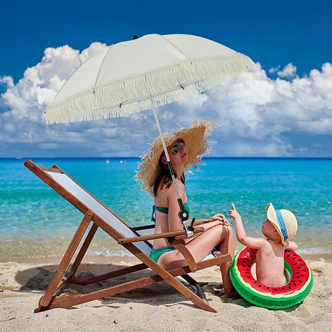 Buryeah 2 Pcs Automatic Chair Umbrella with Universal Clamp 44 UPF 50+ Portable Clamp on Beach Chair Adjustable Wheelchair Umbrella for Outdoor Patio Parasol