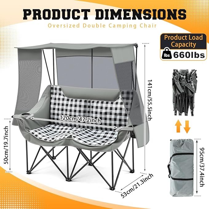 Double Camping Chair with Canopy Shade 660lbs Heavy Duty Beach Chair Portable Folding 2 Person Camping Loveseat with Cup Holder and Storage Bag for Lawn Beach Outdoor Sport(Grey Plaid)
