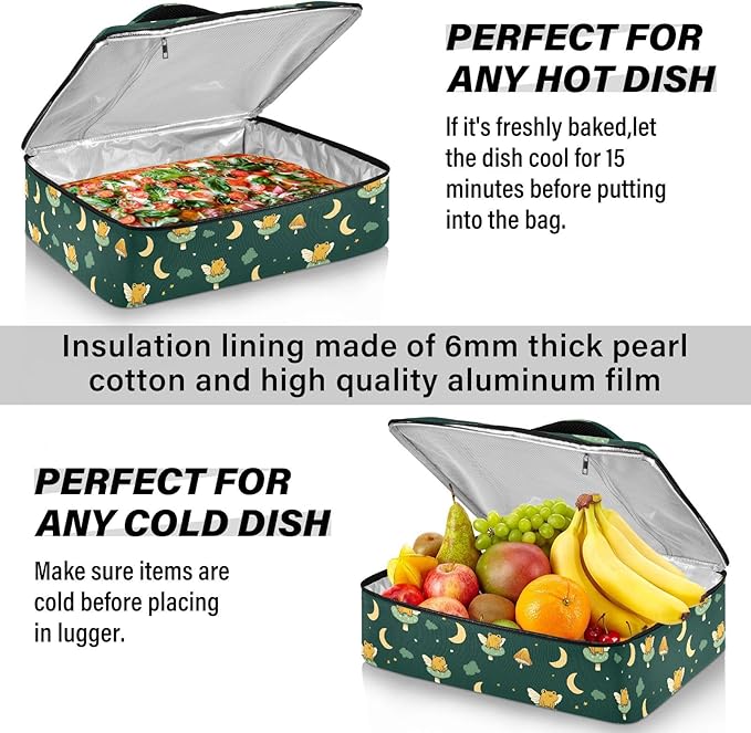 Casserole Carrier Frog and Mushroom PatternInsulated Casserole Carrier for Hot or Cold Food Thermal Lunch Tote for Potluck Parties Picnic Beach Fits 9 x 13 Inches Baking Dish
